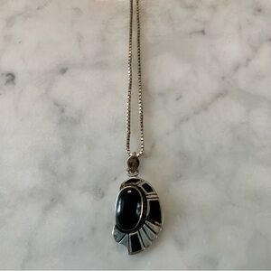 VTG Navajo Sterling Silver Onyx Pendant On 24” 925 Necklace Signed